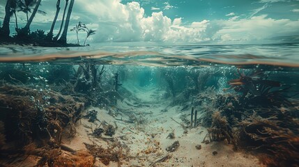 A double exposure of polluted beaches intertwining with pristine shorelines underscores the importance of ocean conservation. - obrazy, fototapety, plakaty