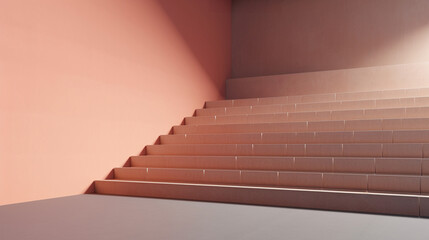 A staircase is shown in a room with a pink wall