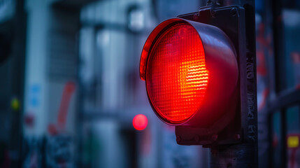 A red traffic light is lit up in the dark - obrazy, fototapety, plakaty