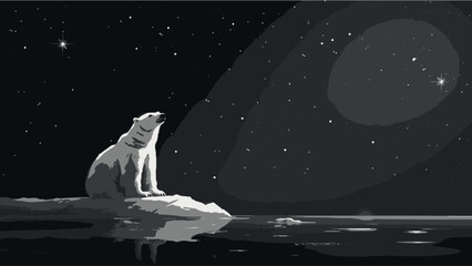 Solitary polar bear sits on ice under the starry night sky - obrazy, fototapety, plakaty