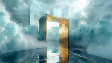 Abstract background pattern with gold fantasy elements and a black box, in baby blue and white hues, emphasizing negative space in a minimalistic style.
