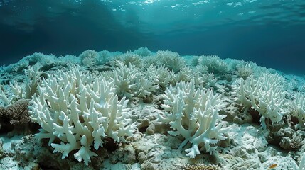 Naklejka na ściany i meble Amidst the destruction of coral bleaching, vibrant coral reefs emerge, urging action for marine conservation.
