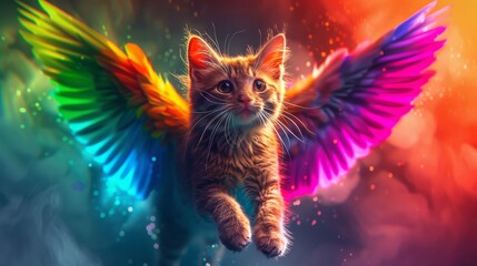 In a bitcoin crisis, winged cats fly amidst chaos in rainbow hues, a symbol of hope in a turbulent world. - obrazy, fototapety, plakaty