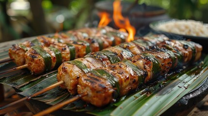 Grilled Thai Pork Skewers Wrapped in Aromatic Banana Leaves on Rustic Wooden Table - obrazy, fototapety, plakaty