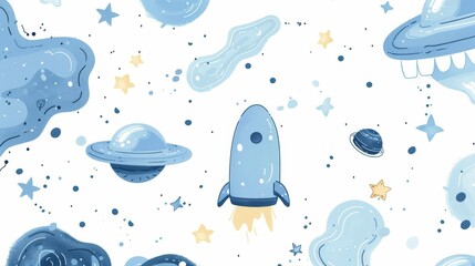 Naklejka premium A minimalistic abstract background featuring UFO and alcohol icons in a sustainable theme. Baby blue and white colors with emphasis on negative space.