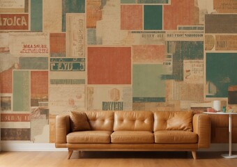 Sofa with a background of retro trendy paper collage composition wallpaper modern art