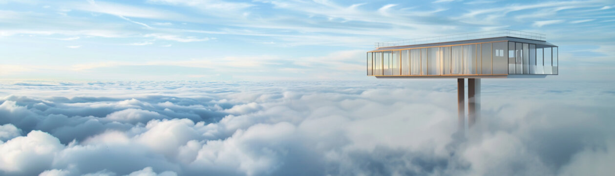 A tall building with a glass roof is standing on top of a cloud