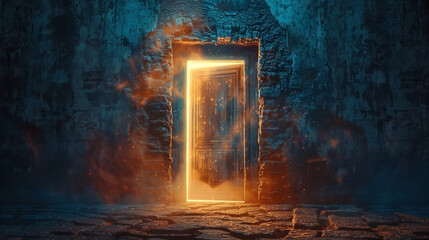 Closeup of a mysterious door ajar, with bright light spilling out, hinting at another dimension beyond