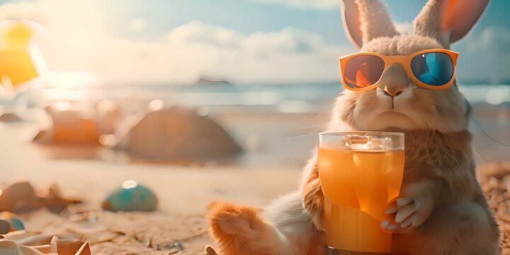Cool Easter bunny on vacation on the beach with a cocktail. 4K Video