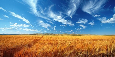 A rustic panorama of vast golden wheat fields swaying gently in the breeze under a cerulean sky dotted with wispy cirrus clouds. - obrazy, fototapety, plakaty