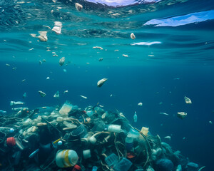 Toxic plastic waste floating underwater in the ocean. Water Environmental Pollution Plastic Problem. Waste problem. Beach pollution.
