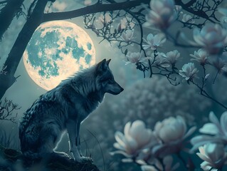 A Solitary Wolf Under the Luminous Full Moon Amid Blooming Magnolia Branches in a Captivating...