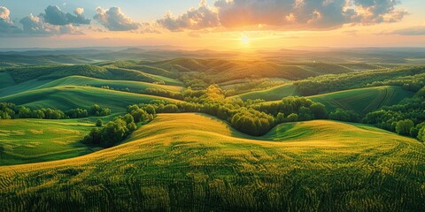 Naklejka na ściany i meble A picturesque panorama of patchwork fields of varying hues, from lush green to golden yellow, stretching towards a horizon kissed by a pastel-colored sky.