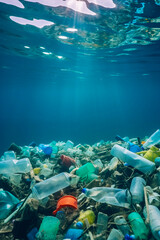 Toxic plastic waste floating underwater in the ocean. Water Environmental Pollution Plastic Problem. Waste problem. Beach pollution.