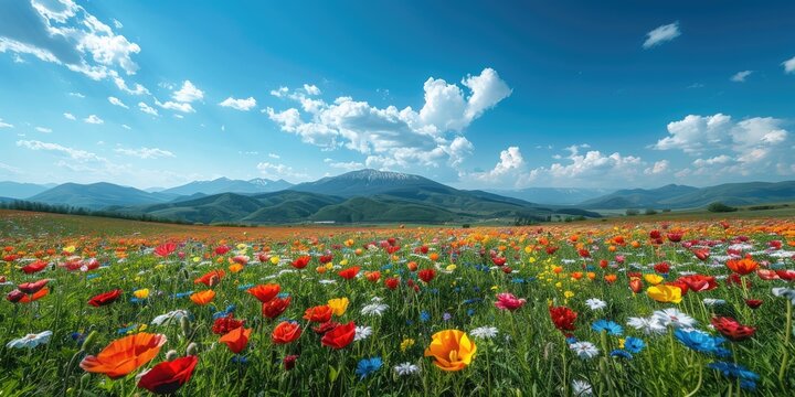 A mesmerizing panorama of vibrant wildflowers carpeting a rolling countryside under a vast expanse of azure sky painted with cotton candy clouds.