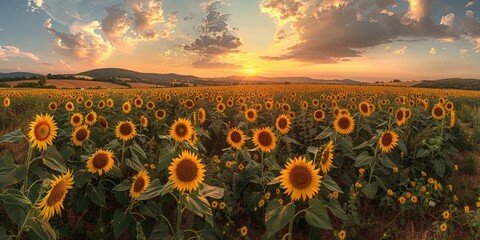 A tranquil panorama of sun-kissed sunflower fields stretching towards a horizon kissed by a golden sky, dotted with cotton candy clouds that resemble tufts of dandelion seeds.