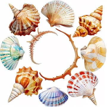 Seashell clipart arranged in a circular pattern