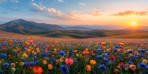 A serene panorama of rolling hills carpeted with a patchwork of wildflowers, creating a vibrant tapestry of colors under a tranquil sky adorned with soft, wispy clouds.