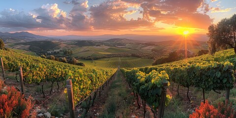 A picturesque panorama of endless vineyards stretching towards a horizon kissed by a golden sky, dotted with fluffy white clouds that resemble clusters of grapes.