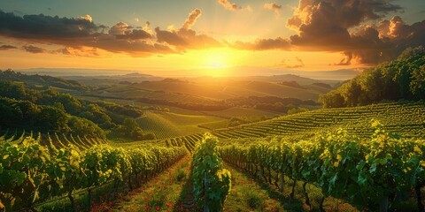 A picturesque panorama of endless vineyards stretching towards a horizon kissed by a golden sky, dotted with fluffy white clouds that resemble clusters of grapes.