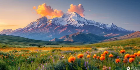 Fotobehang A majestic panorama of snow-capped mountains rising above a vast expanse of emerald green fields, bathed in the soft glow of the rising sun against a pastel-colored sky. © Feeney