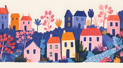 Fototapeta na wymiar Hand drawn cozy city street, town in trendy children's book style illustration 