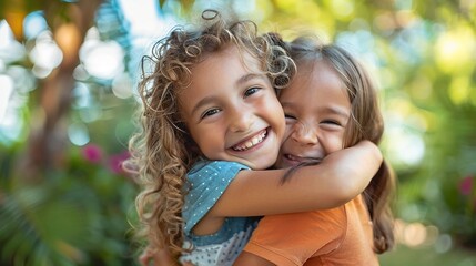 Obraz premium Two young girls are hugging each other in a park