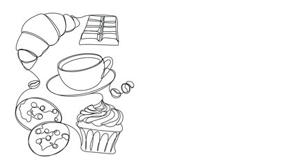 Continuous line drawing with croissant, coffee cup, cupcake, chocolate, cookies with empty space for text. Breakfast outline illustration. Sweet food, dessert line art