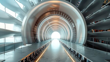 Underground space ship hangar with an industrial style, rocky polished walls, the interior features dark tones and orange lights, symmetrical composition. Generative AI.
