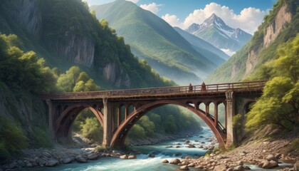 An idyllic wooden bridge arches gracefully over a serene alpine river, flanked by lush greenery and majestic mountains, offering a snapshot of peacefulness and natural harmony.. AI Generation - obrazy, fototapety, plakaty