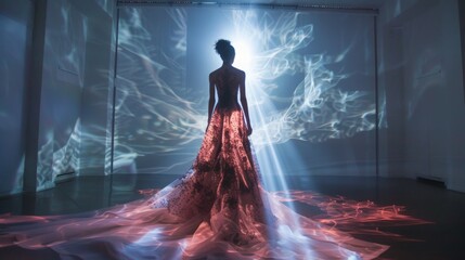 a projector to cast chaotic, moving images or patterns onto the modela  dress. This will create a dynamic and unpredictable lighting scenario.