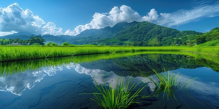 A mesmerizing panorama of lush green rice paddies reflecting the cerulean sky above, creating a mesmerizing mirror image of the heavens on earth, evoking a sense of peace and tranquility.