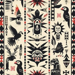 Timeless Native American pattern in a seamless tile design, perfect for wallpapers and illustrations, featuring tribal icons and symbols