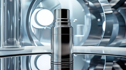 sleek high-end luxury and minimalist silver perfume bottle, futuristic clean look, expensive cosmetics