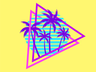 Fototapeta na wymiar 80s retro sci-fi palm trees on a sunset in triangular frame. Retro futuristic sun with palm trees. Synthwave and retrowave style. Design for advertising banners and posters. Vector illustration