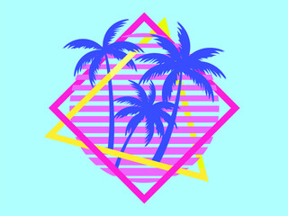 Obraz premium Retro sci-fi palm trees from the 80s at sunset in a square frame. Retro futuristic sun with palm trees. Synthwave and Retrowave style. Design of advertising banners and posters. Vector illustration