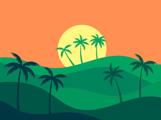 Fototapeta na wymiar Landscape with palm trees at sunset. Wavy tropical landscape with green hills, sun and silhouettes of palm trees against the sun. Design for posters, banners and prints. Vector illustration