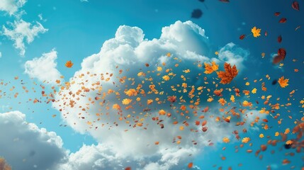 Fototapeta na wymiar Autumn Clouds Adrift with Drifting Colorful Falling Leaves in a Serene Overhead Sky Landscape