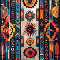 Vibrant Native Indian textile background, showcasing colorful tribal motifs and symbols in a detailed, handwoven look ar 43