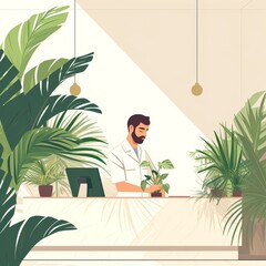 Illustration of a rugged bearded hipster man at reception of hotel, restaurant, office with an indoor plant. The concept of a hotel for plants. Love for houseplants, man and plants, space greening. - 779724918