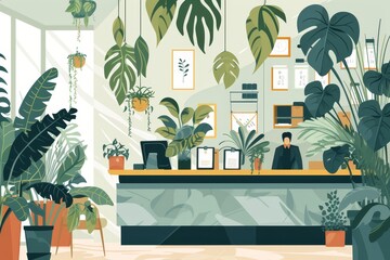 Illustration of a rugged bearded hipster man at reception of hotel, restaurant, office with an indoor plant. The concept of a hotel for plants. Love for houseplants, man and plants, space greening. - 779724943