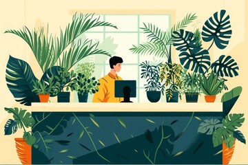 Illustration of a rugged bearded hipster man at reception of hotel, restaurant, office with an indoor plant. The concept of a hotel for plants. Love for houseplants, man and plants, space greening.