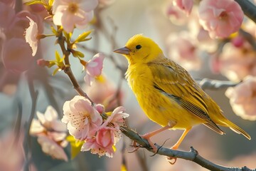 Fototapeta premium A Vibrant Canary Bird Amid the Blooming Springtime Splendor of Delicate Pink Blossoms