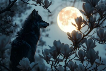 A Wolf s Silhouette Amid the Ethereal Glow of a Luminous Full Moon and Delicate Magnolia Blossoms