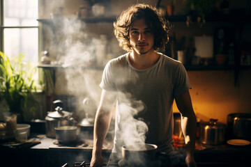 AI generated image of smiling male chef standing in a restaurant kitchen