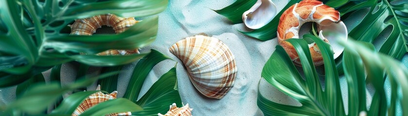 Bright fish dart around a seashell in a tropical aquarium - obrazy, fototapety, plakaty