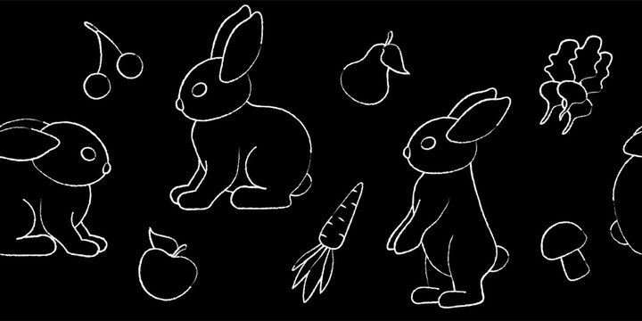 Seamless border of cartoon rabbits with fruits and vegetables. White chalk on a black background. Vector illustration.