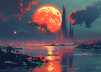a modern and conceptual image by the theme of International Day of Human Spaceflight in the style of cyberpunk moon landscaping