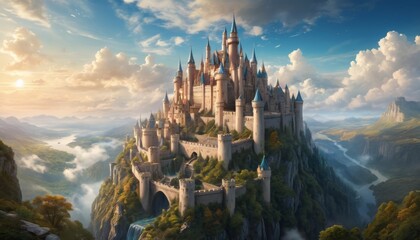 Majestic castle perched atop a breathtaking cliff, enveloped by clouds and waterfalls. It's a fantasy kingdom lifted from a fairytale, serene and sovereign.. AI Generation - obrazy, fototapety, plakaty