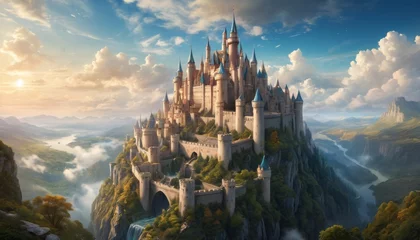 Foto op Canvas Majestic castle perched atop a breathtaking cliff, enveloped by clouds and waterfalls. It's a fantasy kingdom lifted from a fairytale, serene and sovereign.. AI Generation © Anastasiia